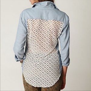 Free People Chambray Crochet Button Down Blouse